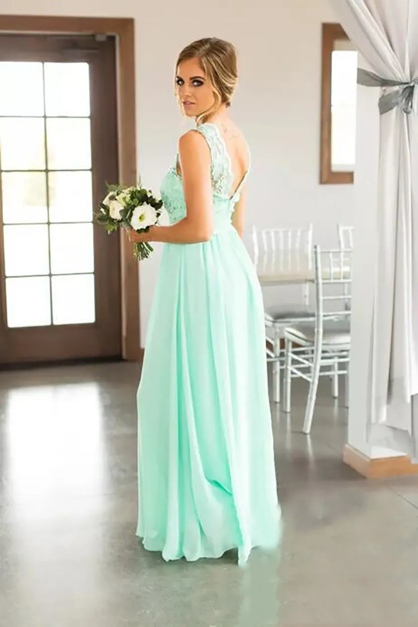 Mint Green Lace Top Chiffon Skirt Country Bridesmaid Dresses Long Cheap Beach Backless Floor Length Wedding Party Gown