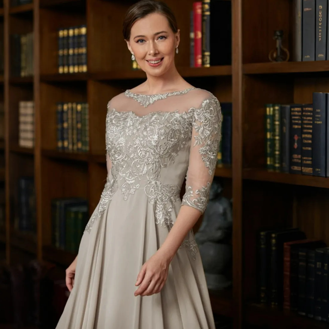 Vintage Tea Length A-line Mother Of The Bride Dresses Lace Appliques Sheer Neck Silver Chiffon Elegant Women Wedding Guest Dress Groom Mom Evening For
