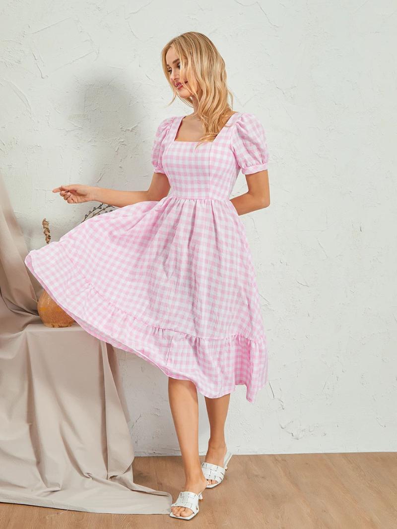 Casual Dresses Women Summer Plaid Midi Dress Square Neck Ruffle Short Puff Sleeve A Line Flowy Swing Pink
