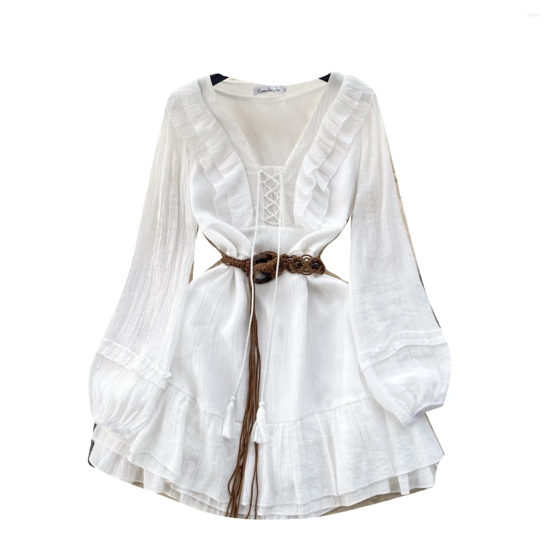 Casual Dresses Women Sweet White Ruffles Bandage Mini Dress Long Sleeve Elegant Pleated Short Korean Fashion Autumn Vacation 2024 Vintage