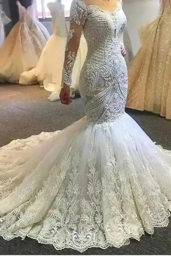 Lace Uious Mermaid Wedding Dresses Beads Sequins Elegant Off Shoulder Sheer Long Sleeves Appliques Bridal Gowns With Button Covered Back Bc