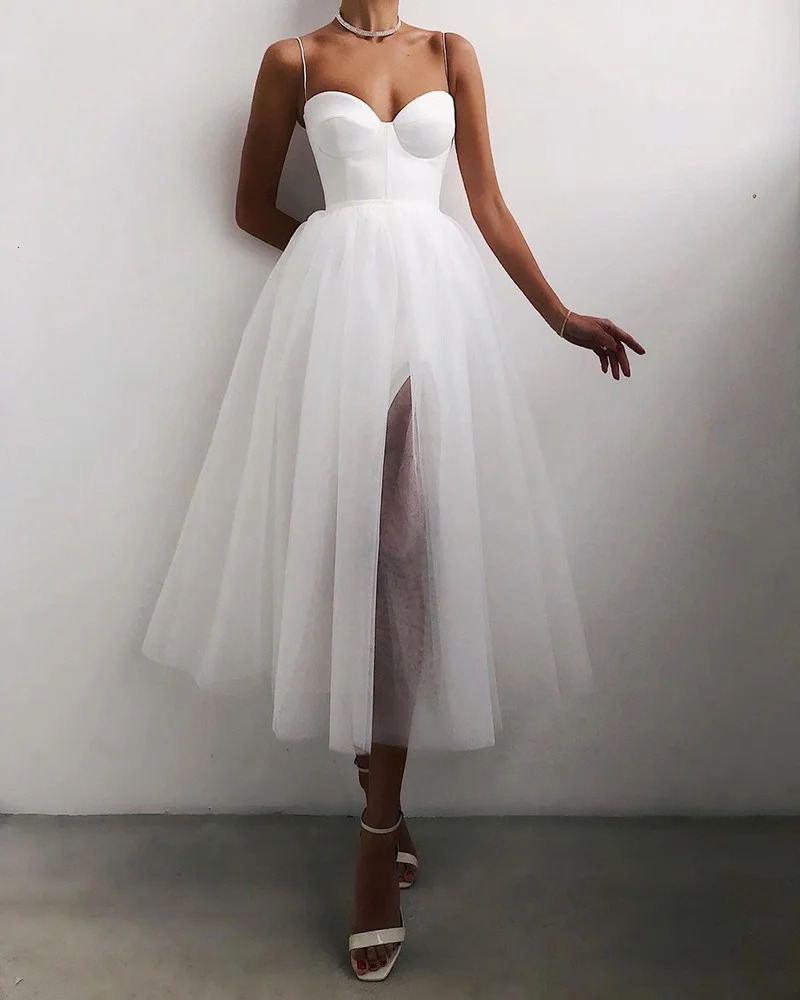 Fashion Women Summer Formal Party Cocktail Dress Solid Color Spaghetti Straps Side Slit Mesh Braces Dress for Girls BlackWhite 240304