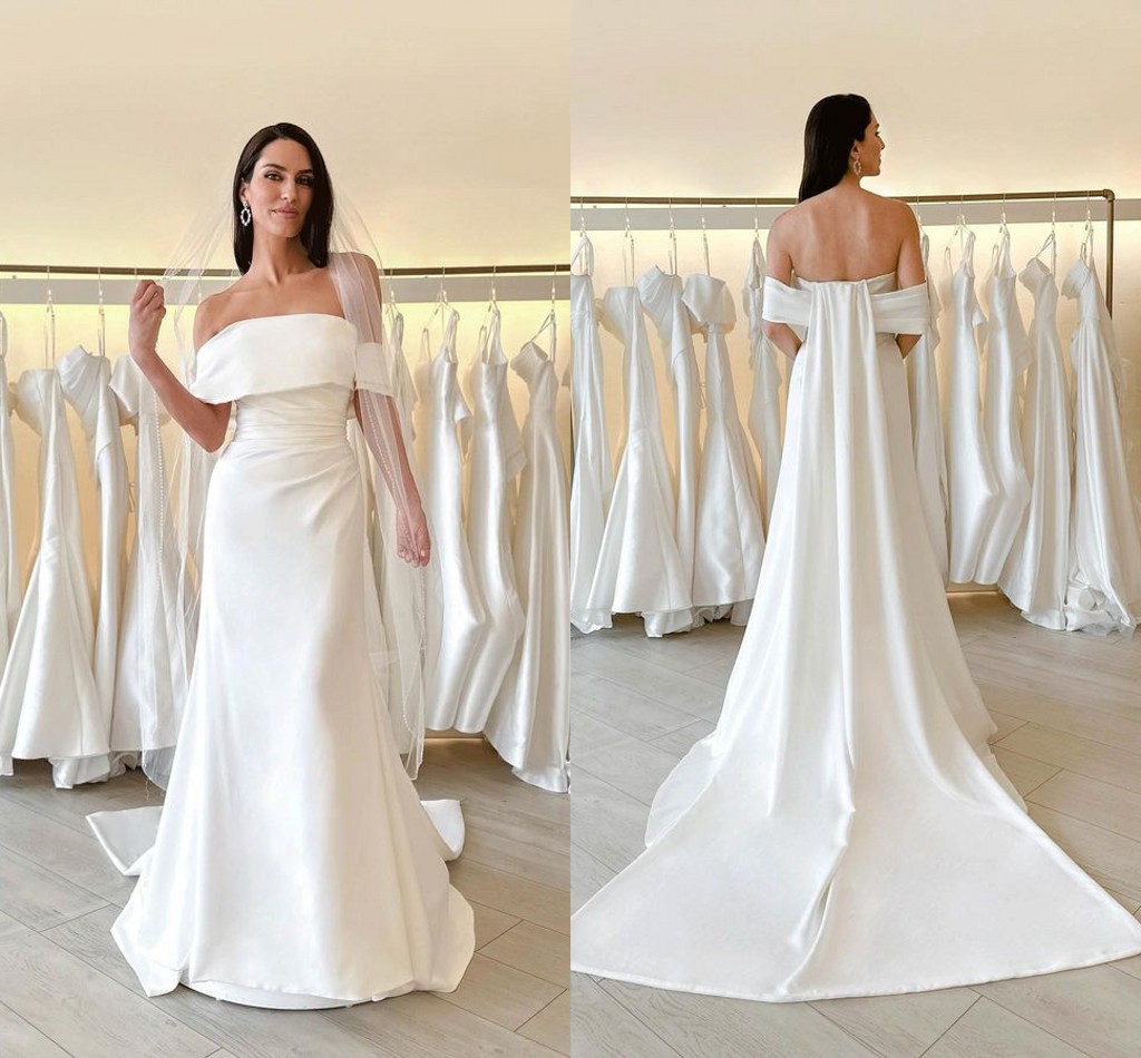 Simple Plus Beautiful Size Mermaid Wedding Dresses for Bride Women Strapless Satin Backless Sweep Train Sceond Reception Dress Bohemian Boho Bridal Go