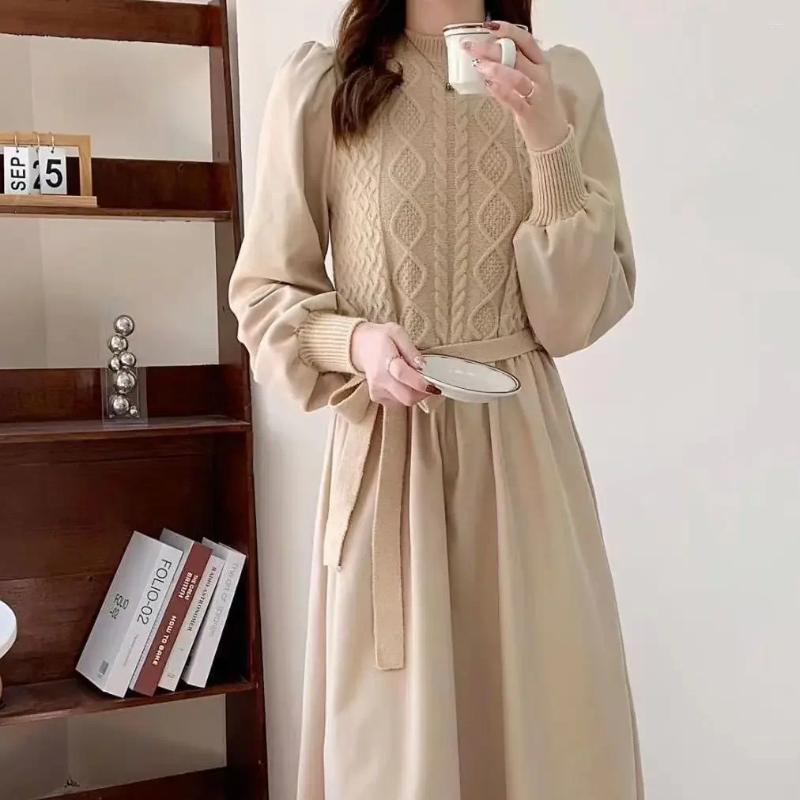Casual Dresses Knit Dress Women Screw Thread Lantern Sleeve Round Neck Long Solid Midi Waist Lace Up Skirts A Line Winter 2024