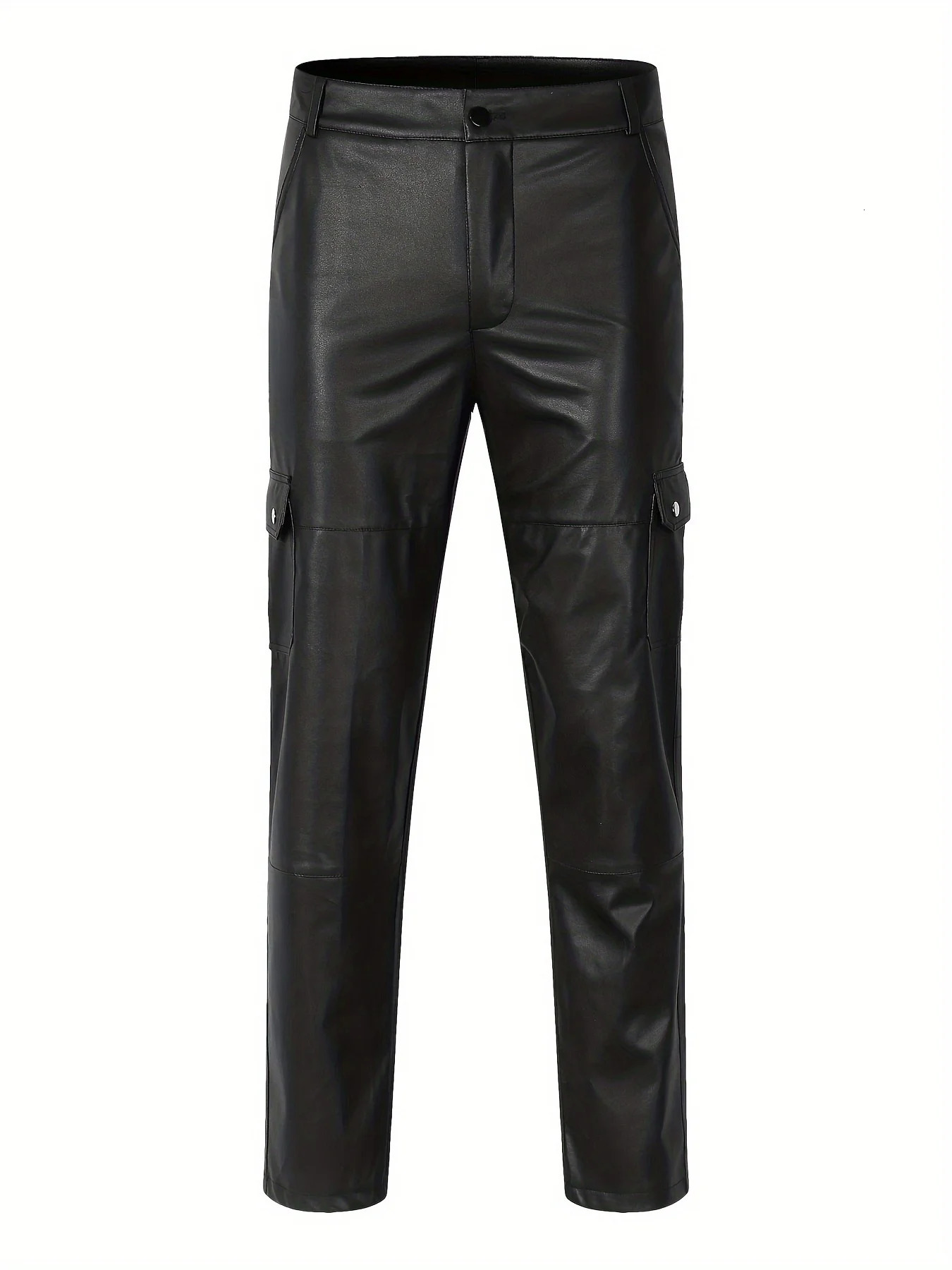 button leather pants long motorcycle false pocket straight pu material micro elastic Large size oversized 240315