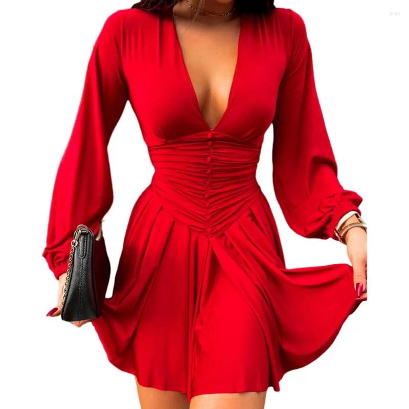 Casual Dresses Women Elegant V-neck Dress Lantern Sleeve V Neck Mini For Solid Color A-line Ladies
