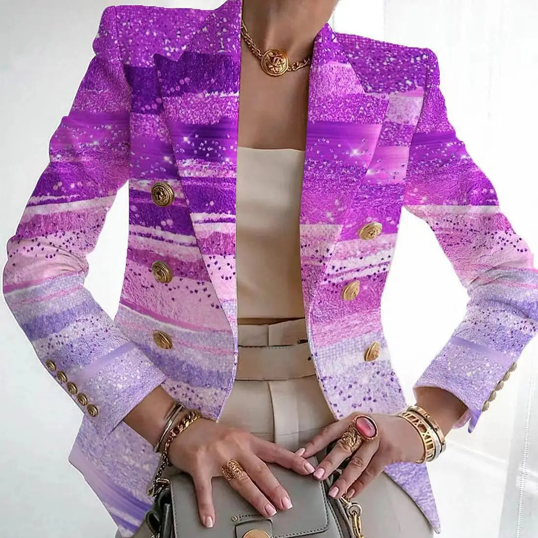 Lady Fashion Suit Jackets Chic Print Slim Fit Lapel Spring Autumn Blazer Elegant Blazers For Women Long Sleeve Commute 240228
