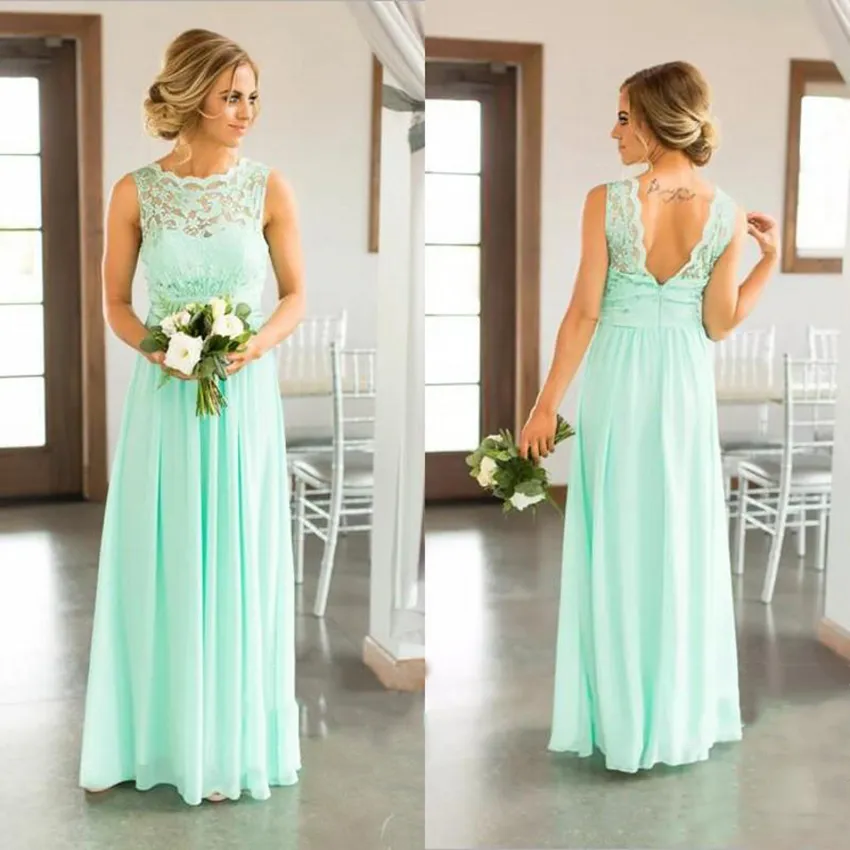 Mint Green Lace Top Chiffon Skirt Country Bridesmaid Dresses Long Cheap Beach Backless Floor Length Wedding Party Gown