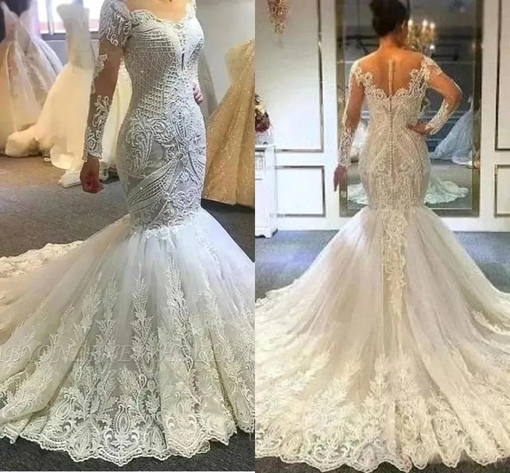 Luxuious Lace Mermaid Wedding Dresses Beads Sequins Elegant Off Shoulder Sheer Long Sleeves Appliques Bridal Gowns With Button Covered Back Bc18314