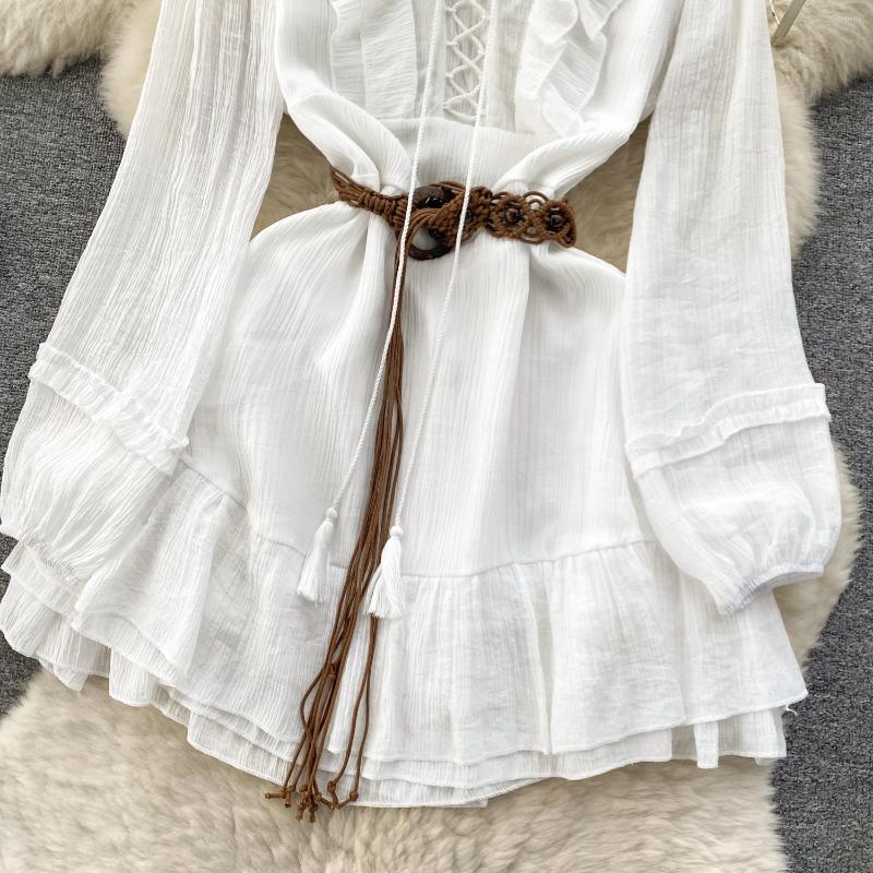 Casual Dresses Women Sweet White Ruffles Bandage Mini Dress Long Sleeve Elegant Pleated Short Korean Fashion Autumn Vacation 2024 Vintage