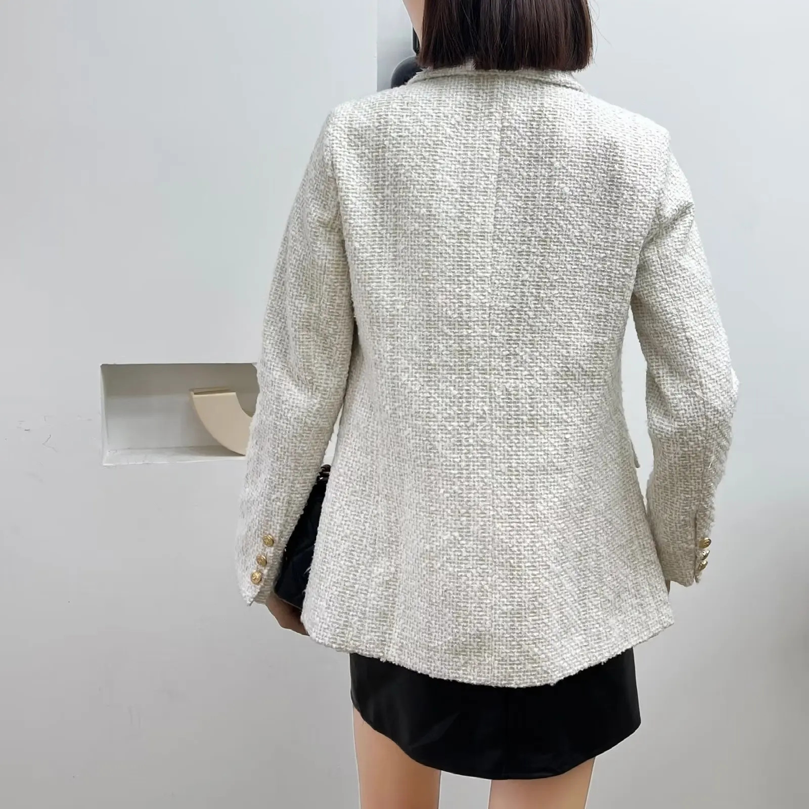 Women Fashion Double Breasted Tweed Check Blazer Coat Vintage Long Sleeve Pockets Female Outerwear Chic 240229