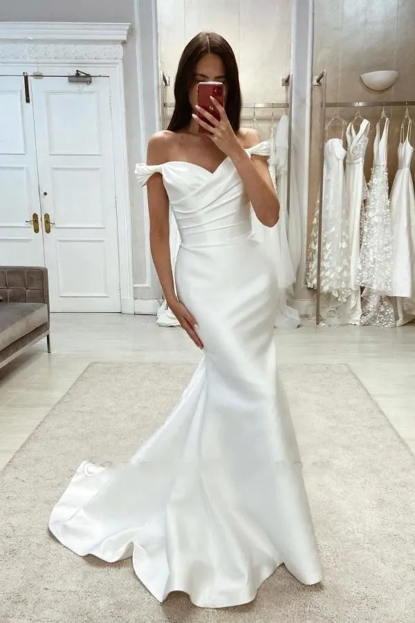 Elegant Sheath Mermaid Wedding Dresses Sexy Backless Off the Shoulder Pleats Long Satin Bridal Gowns Custom Made Robes De Mariage White/ivory BC18300