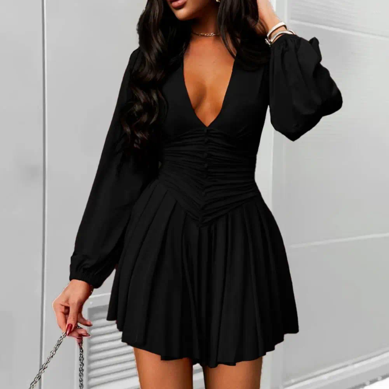 Casual Dresses Women Elegant V-neck Dress Lantern Sleeve V Neck Mini For Solid Color A-line Ladies