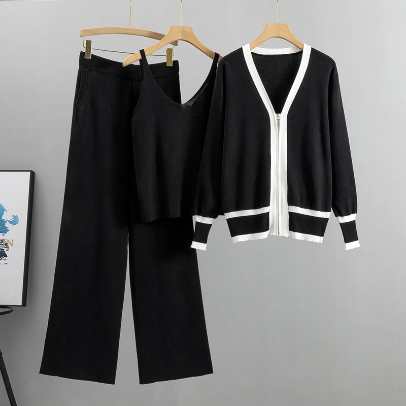 2023 Korean Fashion Vneck Zipper Knitted Coatsvestwide Leg Pants Threepiece Set Women Casual Streetwear Tracksuit 240304