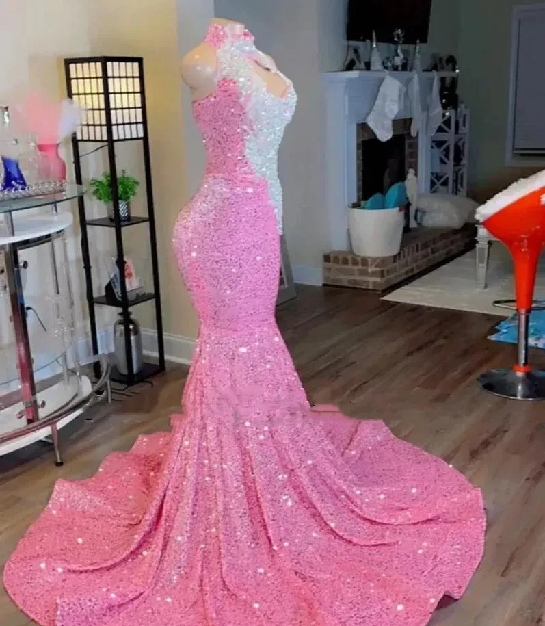 Pink Sequined Mermaid Prom Dresses For Black Girl Sier Applique Crystal Beaded Long Evening Dress Special Ocn Gowns 0219 6660305