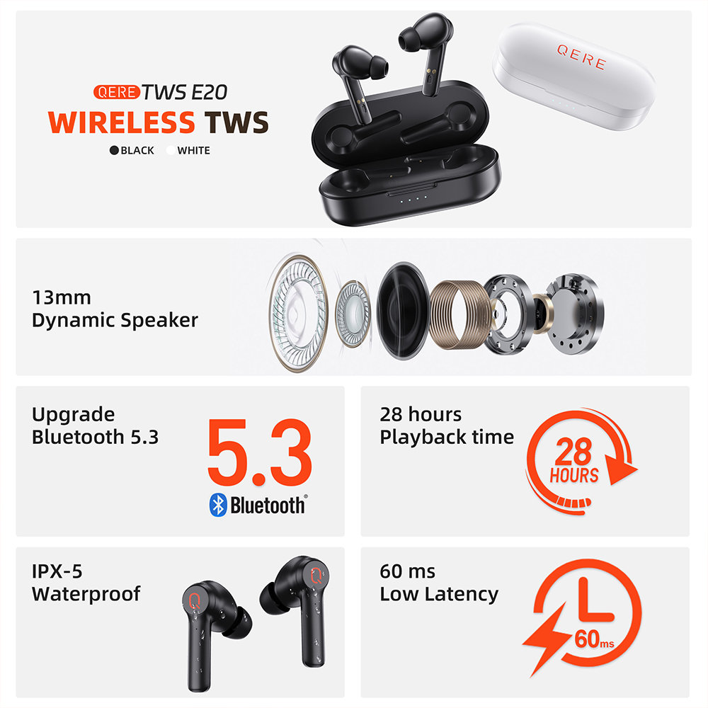 QERE E20 Earphone TWS True Stereo Waterproof In Ear Headset Wireless Headphones Wireless Earphones Earbud