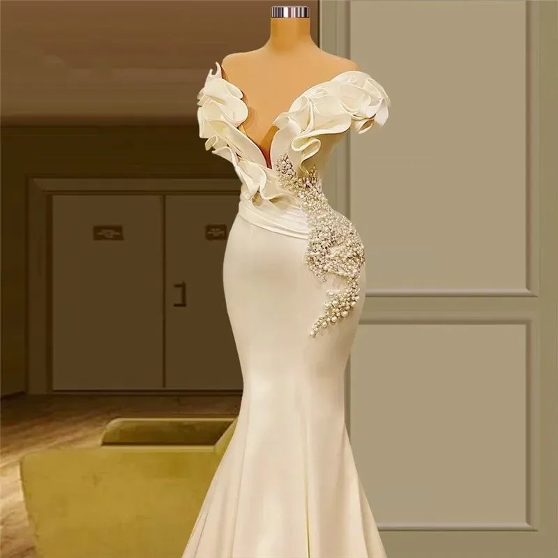 Dubai Vintage Saudi Arabia Pearls Mermaid Wedding Dresses Sexy Off the Shoulder Elegant Ivory Satin Ruffles Gowns Boho Country Reception Robes Custom