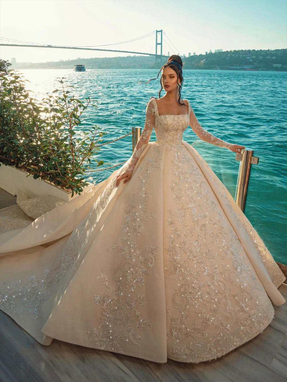 urious Beading Pearls Embroidery Sqare Collar Ball gown Wedding Dress Chaple Train Full Sleeves Back Lace Up Bridal Gowns can be customized