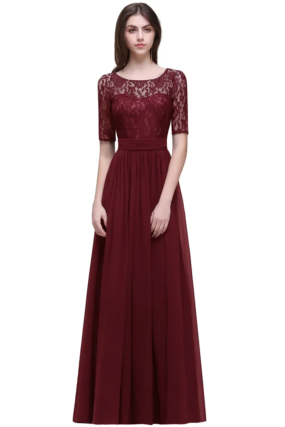 Bury Bridesmaid A 3/4 Aleeved Chiffon Dress With Lace Bodice Illusion Sleeve Fully Ed Zip Up Back Dresses Cps522 Lz0304
