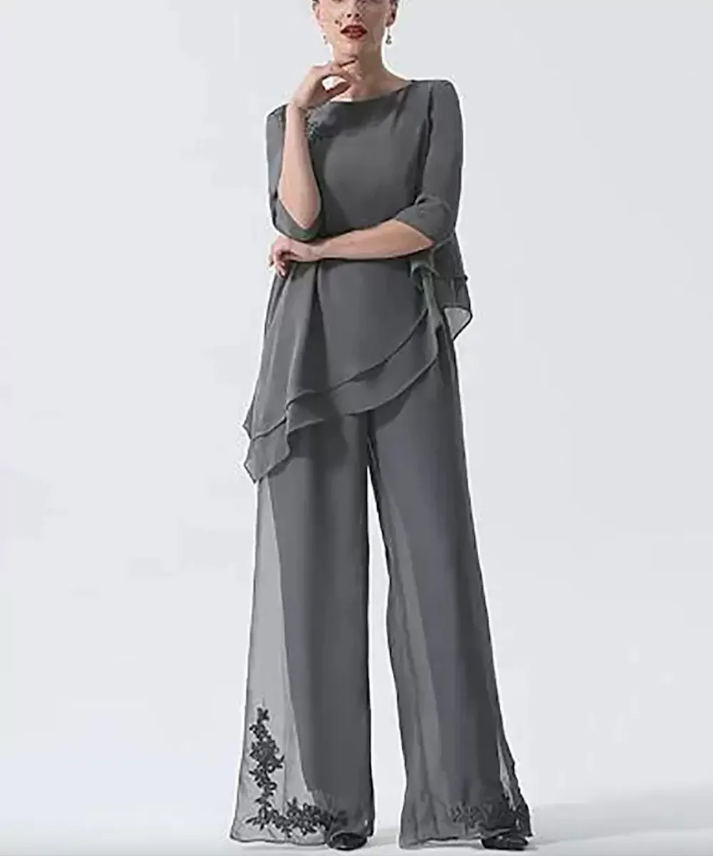 Jumpsuit Pantsuit Mother Of The Bride Dresses Plus Size Jewel Neck Or Length Chiffon Sleeve Evening Gowns Lace Appliques Women Party Formal Wear