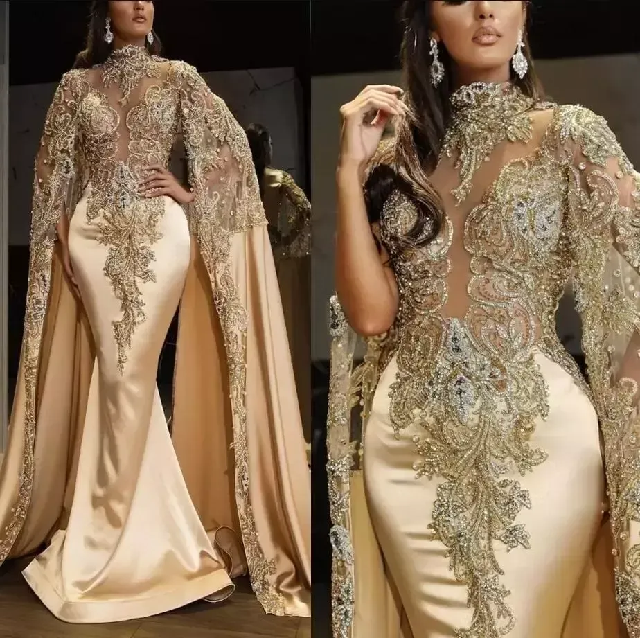 Champagne Urious Satin Mermaid Evening Dresses Lace Beaded Crystals Prom Dress With Sheer High Neck Long Sleeves Party Second Reception Gowns 2023