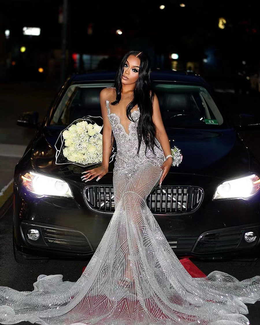 Sparkly Sier Sequin Prom Dress 2024 See Through Plus Size Dia Crystal Evening Gowns Black Women Formal Birthday 326 Lz0304