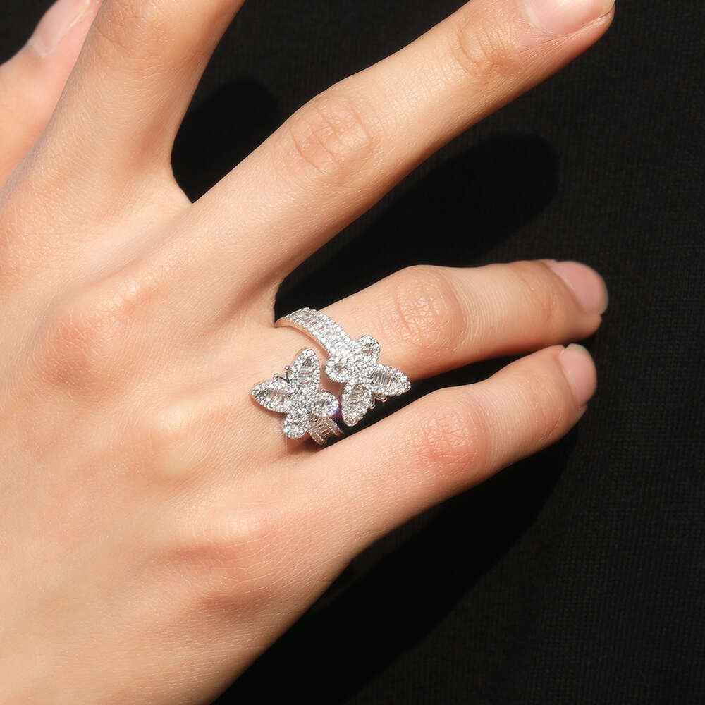 Bling Butterfly Adjustable Cuff Ring Diamond Open Finger Rings For Women Cubic Zircon Fashionable Hip-hop Personalized Aesthetic Gold Plated Rapper Je