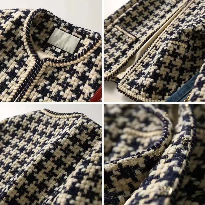 Elegant Weave Plaid Women Tweed Blazer Autumn Winter Womens Jacket Pocket Office Ladies Suit Coats Long Sleeve Mujer Clothes 240226