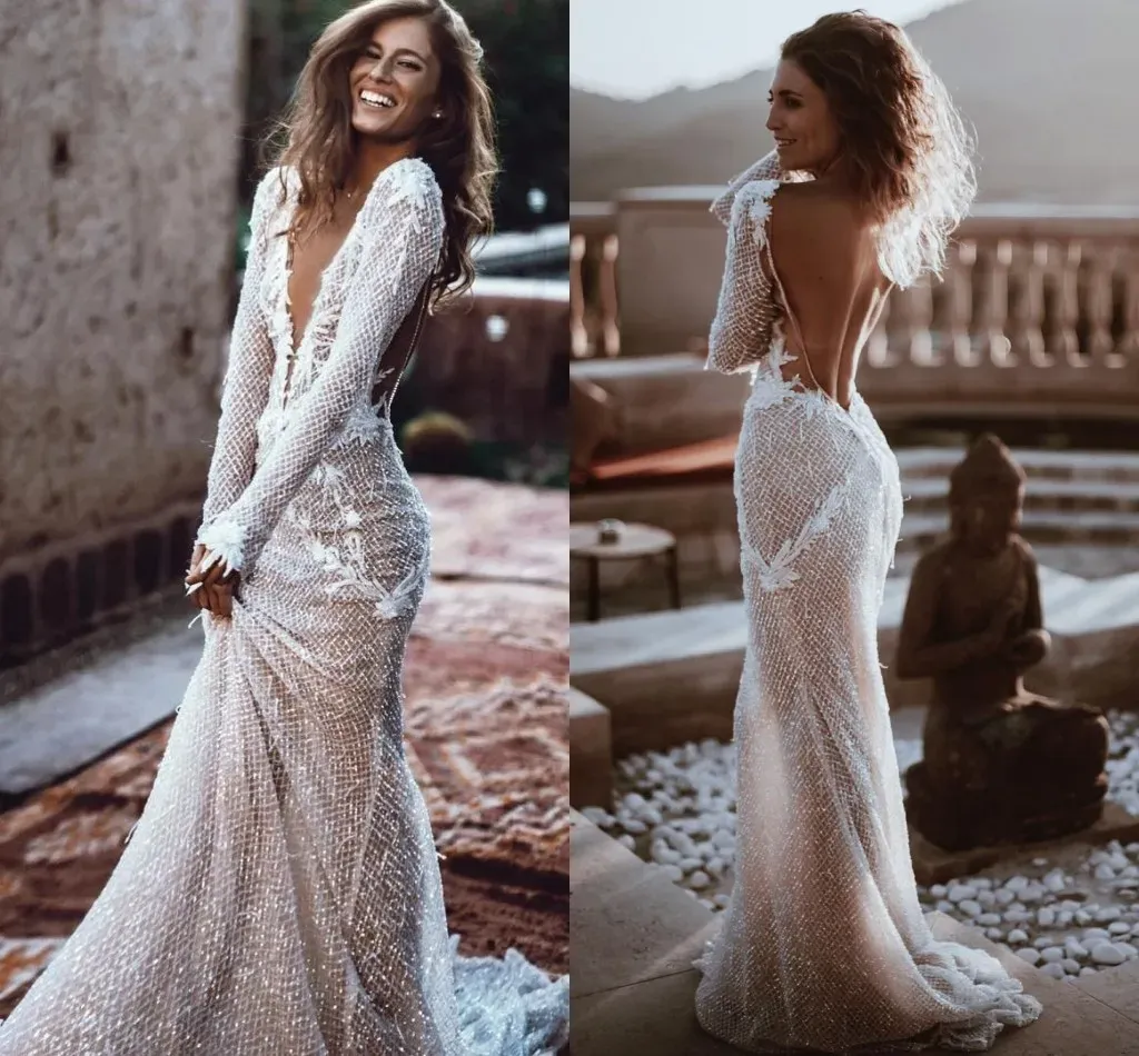 Backless Sexy Mermaid Long Sleeve Wedding Dresses Bling Sequins Beads Plunging V Neck Summer Beach Boho Bridal Gown BC15145