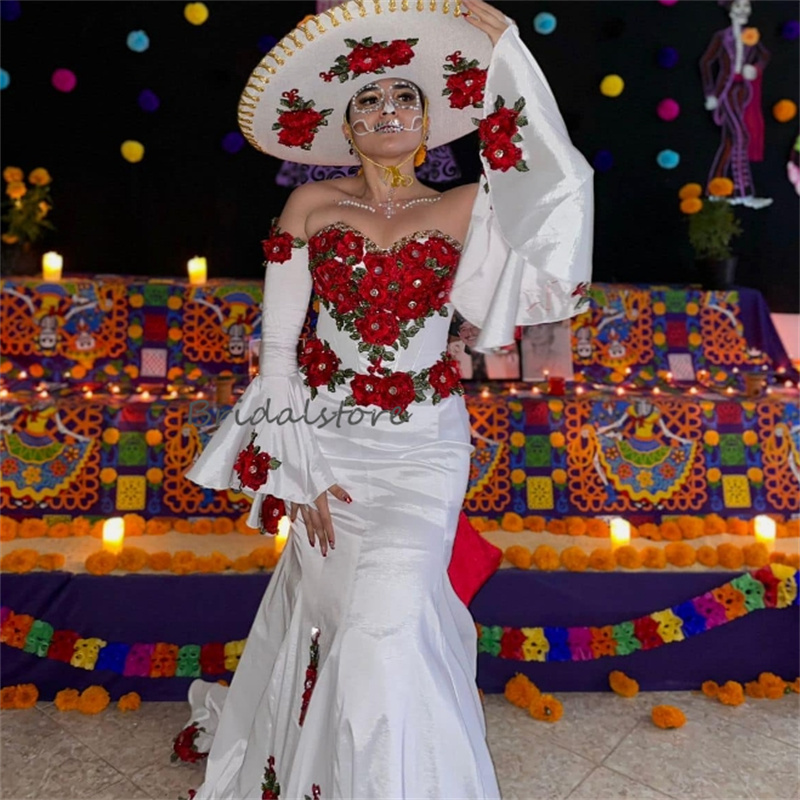Unique Mexican Wedding Dress With Rose Flowers Beaded Mermaid Boho Civil Bridal Dresses Long Sleeve Vestido De Novia Vestido De Casamento Robe Mariee 