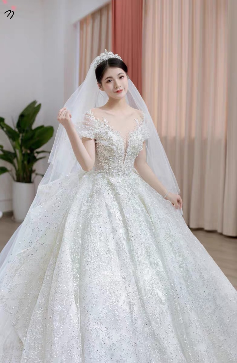 Illusion Bodice Short Sleeves A Line Wedding Dresses Crystal Lace Appliqued Sweep Train Plus Size Wedding Bride Gown vestido de novia