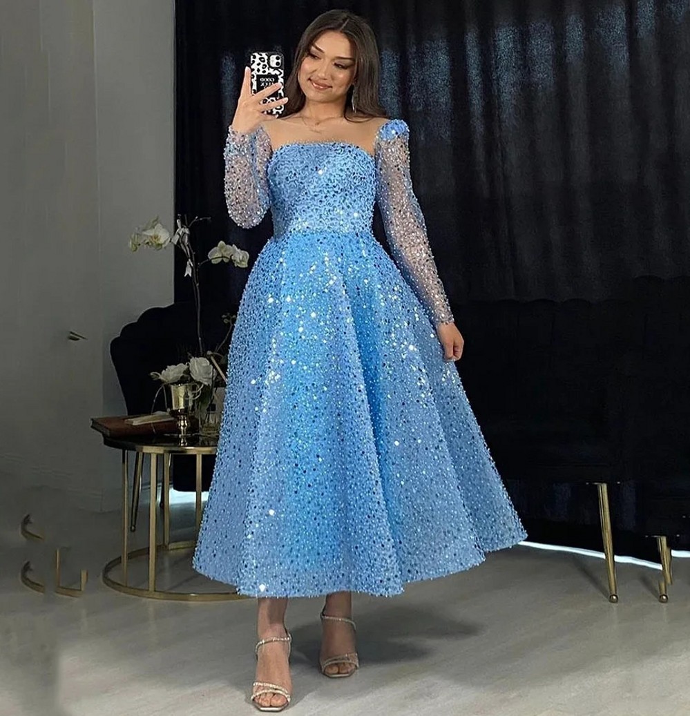 Shiny Glitter Sequin Blue Prom Party Dress 2024 Long Sleeves Tea Length Dubai Arabic Women Girl Evening Birthday Dresses Robe De Soiree