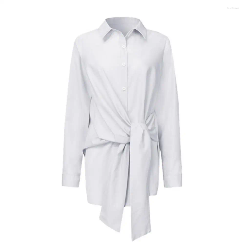 Women's Blouses White Black Blue Waist Lacing Buttons Asymmetric Shirt Women Chic Turn Down Collar Tops Long Sleeve Fashion Bluas