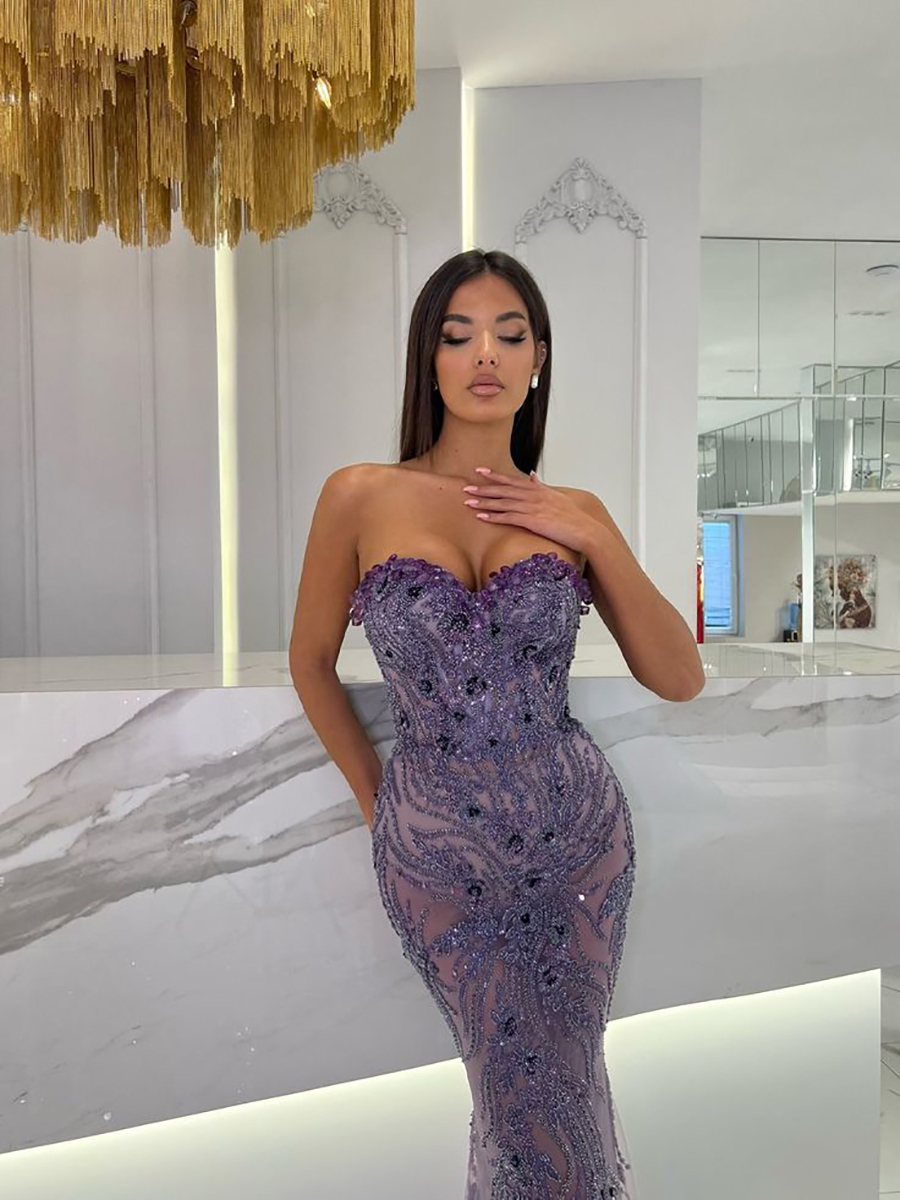 Sweetheart Mermaid Glitter Prom Dress Sexy Sleevelesss Beading Crystal Formal Evening Gowns Robe De Soiree 0220
