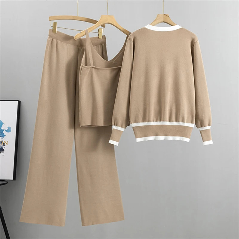 2023 Korean Fashion Vneck Zipper Knitted Coatsvestwide Leg Pants Threepiece Set Women Casual Streetwear Tracksuit 240304