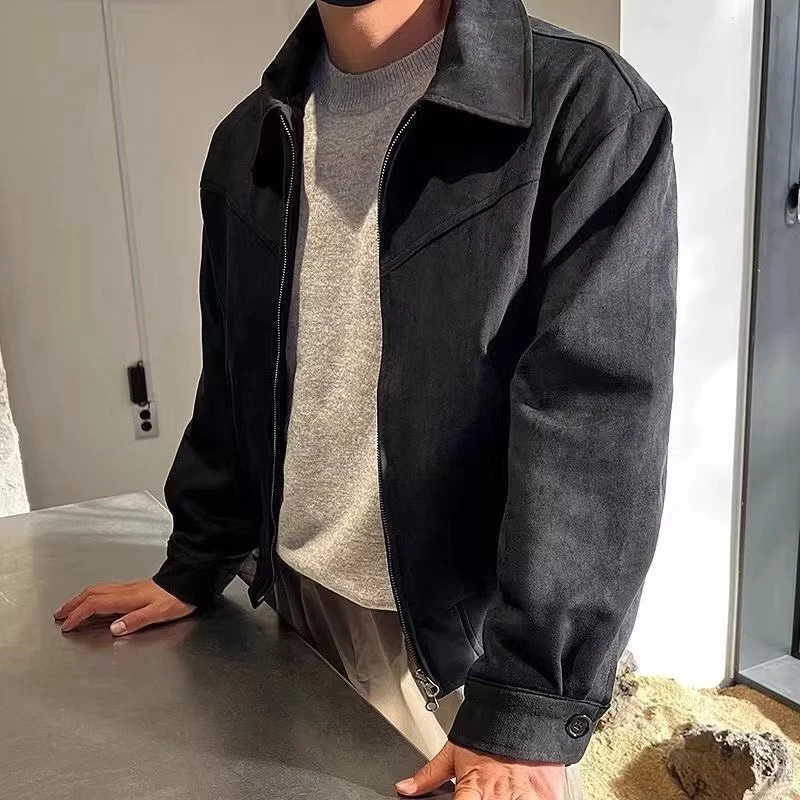 Elegant Solid Brown Coat Mens Spring Autumn High-end Loose Lapel Plush Top Winter Zipper Short Jacket Vintage Streetwear 240227