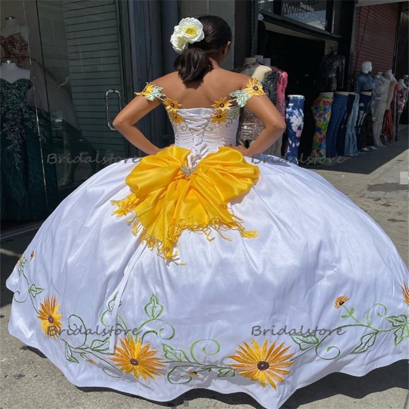 Sunflowers Embroidered Quinceanera Dresses Traditional Culture Charro Mexican Vestidos De Novia Mexico With Bow Vestidos De 15 Xv Anos Para Quinceaner