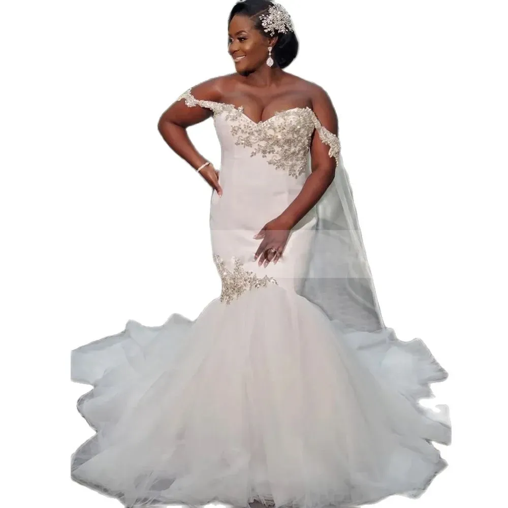 White African Girl Mermaid Wedding Dresses Off The Shoulder Crystal Bridal Gown Tulle Puffy Bottom Garden Vestidos De