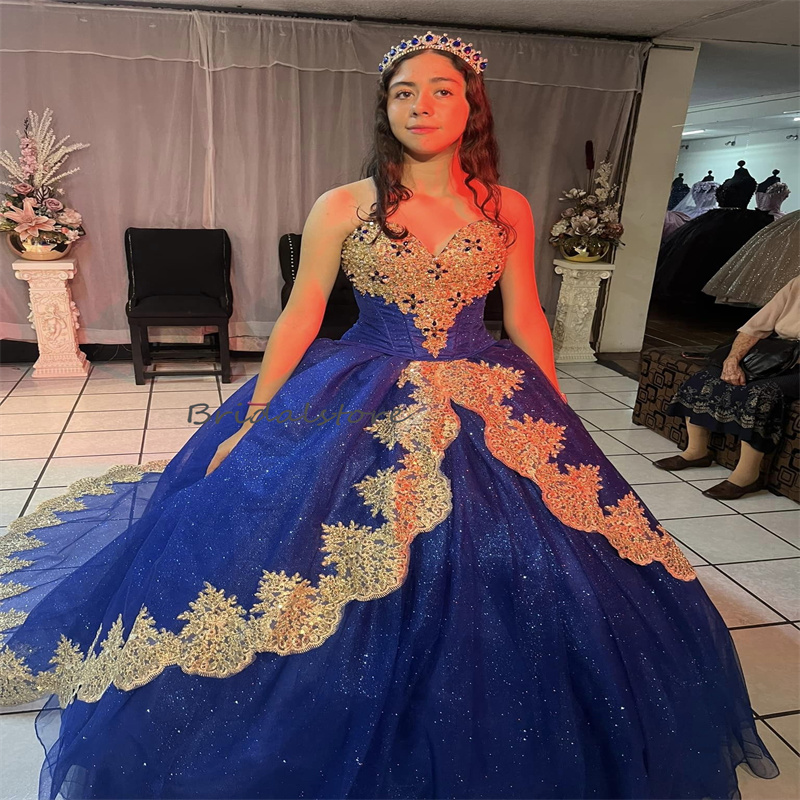 Glitter Blue Quinceanera Dress 2024 Ballkleider Sparkle Vestido De 15 Xv Anos Debutante Birthday Dress With Gold Lace Sweet 16 Party Gown Elegant Page
