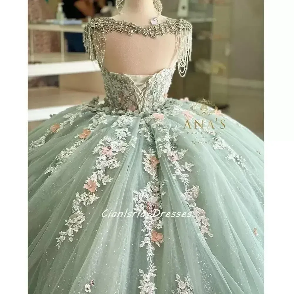 Green Mint Beading Tassel Quinceanera Dress Lace Up Corset Off Shoulder D Wers Appliques Corset Sweet Vestidos De Custom Made