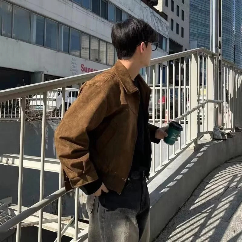 Elegant Solid Brown Coat Mens Spring Autumn High-end Loose Lapel Plush Top Winter Zipper Short Jacket Vintage Streetwear 240227