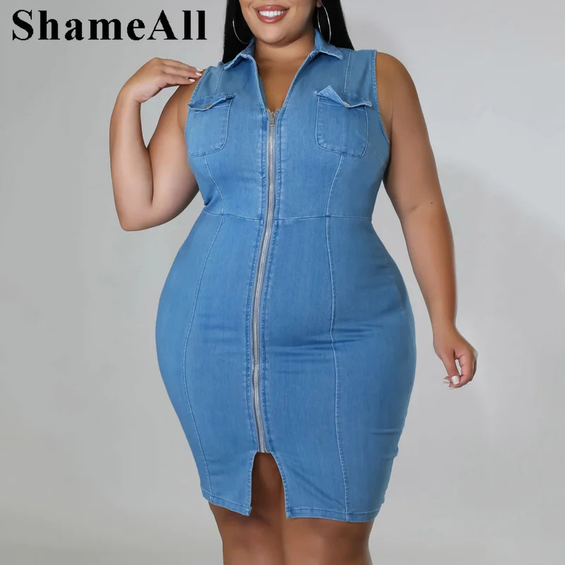 Plus Size Turn Down Collar Super Stretchy Jean Bodycon Dress 4xl Summer Front Zipper Pinafore Dress Sleeveless Club Jumper Skirt 240229