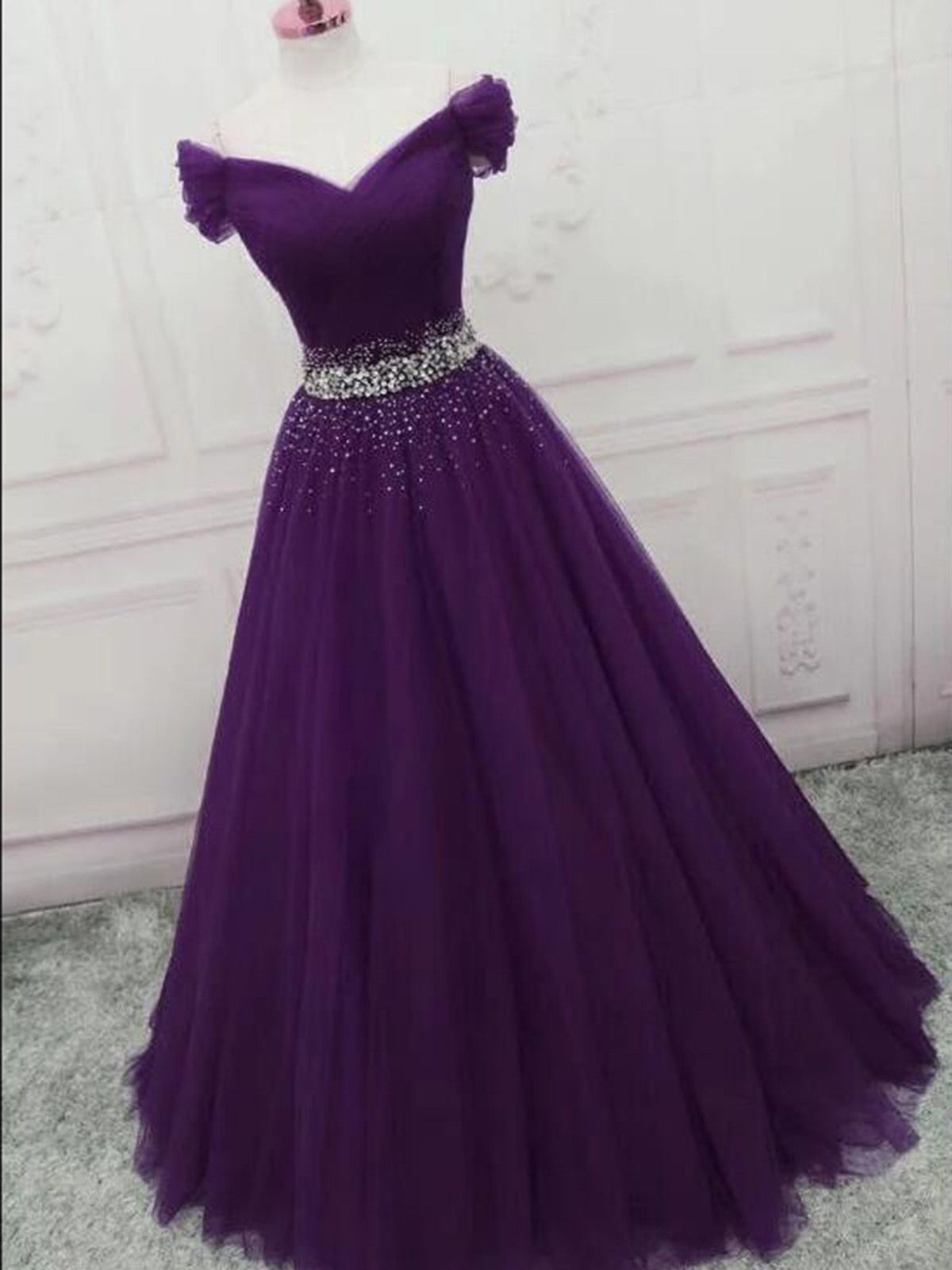 Purple Dark Prom Formal Dress Off Shoulder Sequins Beaded Lace Up Long Tulle Women Girl Evening Birthday Dresses Robe De Soiree es