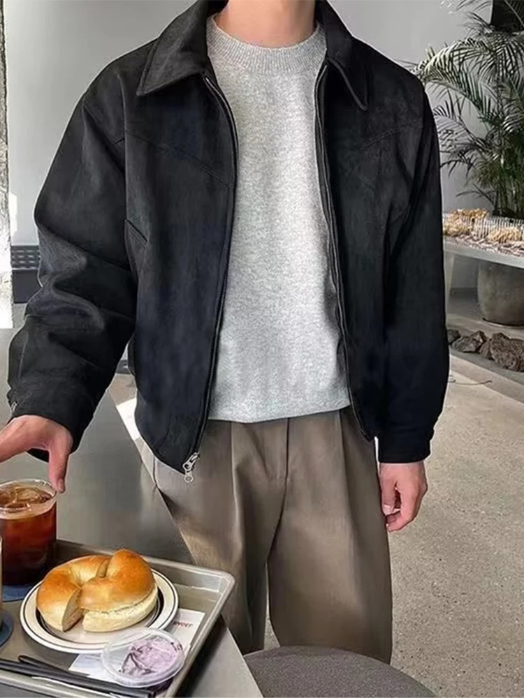 Elegant Solid Brown Coat Mens Spring Autumn High-end Loose Lapel Plush Top Winter Zipper Short Jacket Vintage Streetwear 240227