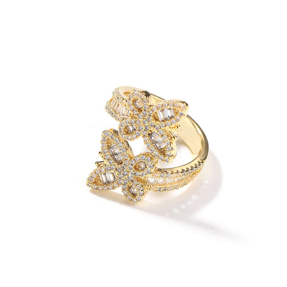 Bling Butterfly Adjustable Cuff Ring Diamond Open Finger Rings For Women Cubic Zircon Fashionable Hip-hop Personalized Aesthetic Gold Plated Rapper Je