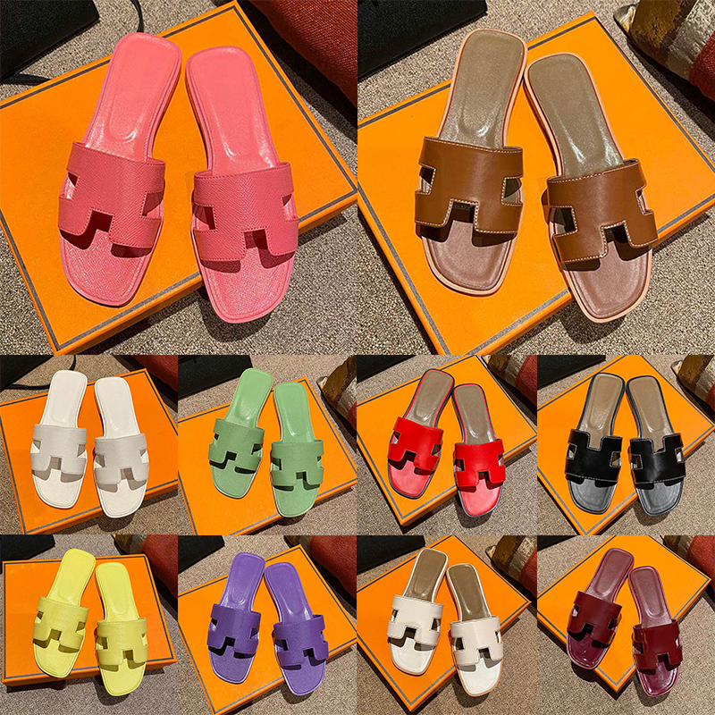 Luxury Calfskin Leather Flat Heel Slides Sandals Famous Designer Women Slippers Pink Brown Black White Red Green Womens Sandale Ladies Loafers Sl