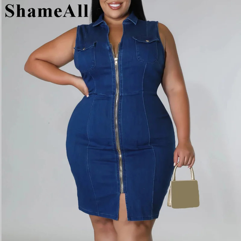 Plus Size Turn Down Collar Super Stretchy Jean Bodycon Dress 4xl Summer Front Zipper Pinafore Dress Sleeveless Club Jumper Skirt 240229