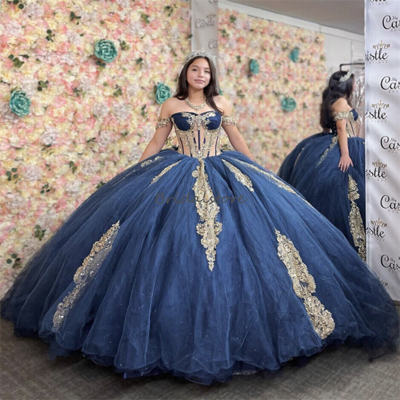 Pricess Navy Blue Quinceanera Dress 2025 Ballkleider Sparkle Vestido De 15 Xv Anos Debutante Birthday Dress With Gold Lace Sweet 16 Party Gown Elegant