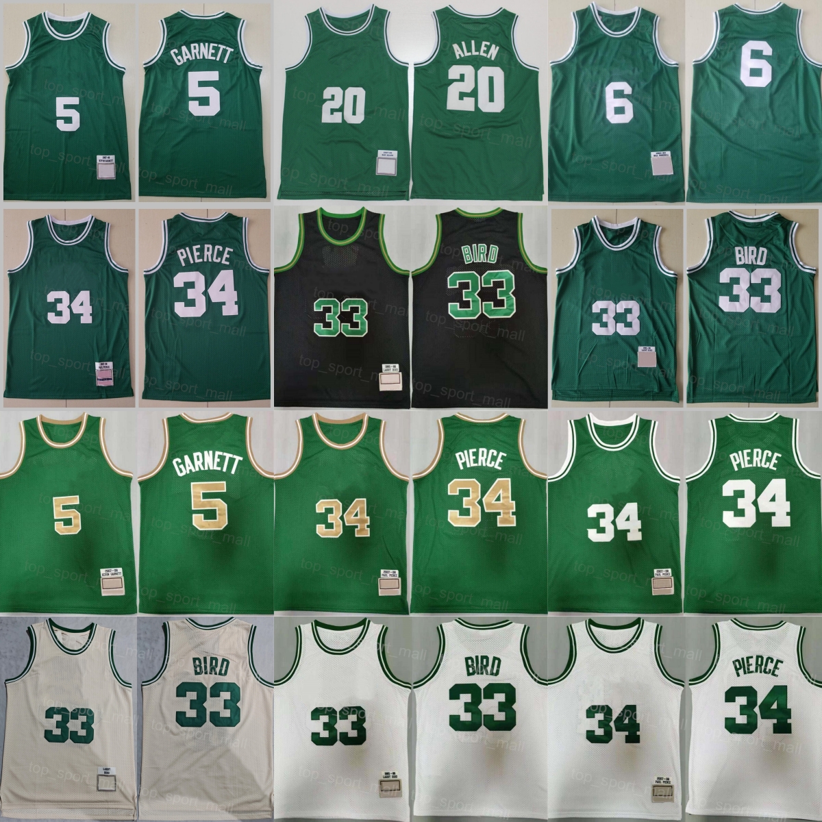 Retro Basketball Kevin Garnett Jersey 5 Ray Allen 20 Paul Pierce 34 Larry Bird 33 Vintage Color Black Green White Breathable Stitched Sport Throwback High Quality
