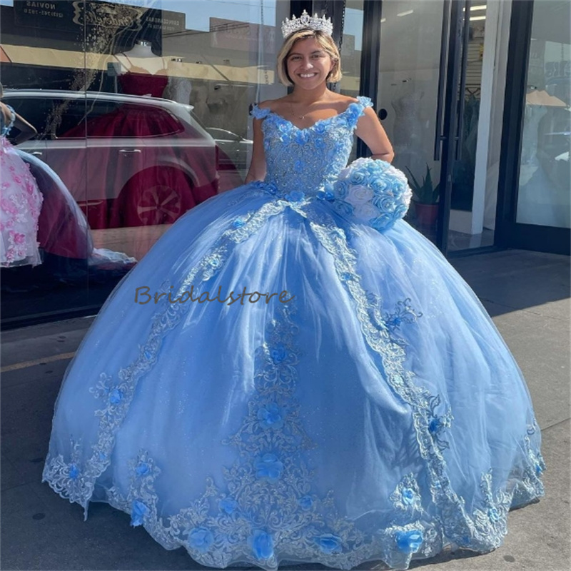 Elegant Blue Quinceanera Dress With Florals 2024 Off Shoulders Lace Ball Gown Princess Fifteen Vestidos De 15 Xv Anos Para 2024 Luxury Sixteen Birthda
